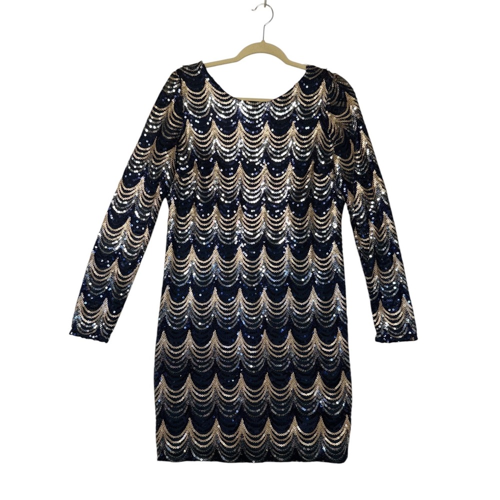 City Triangles Womens Navy Sequin Scallop Bodycon Dress Long Sleeve Size 13 NEW